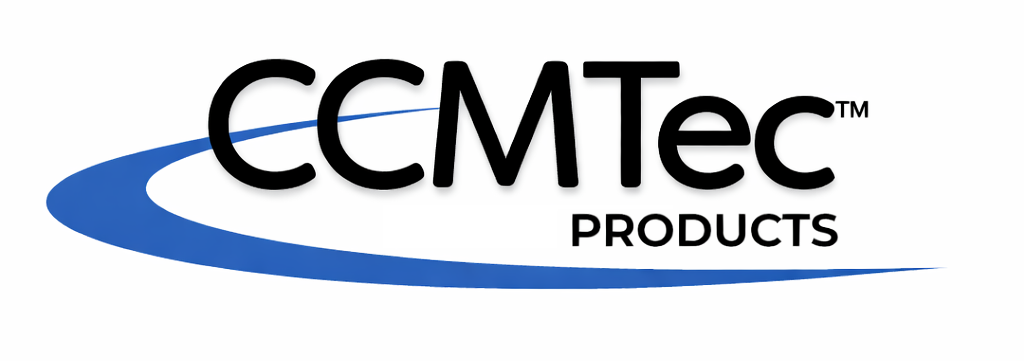 CCMtec Products logo with bold black text and a blue curved swoosh on a white background.