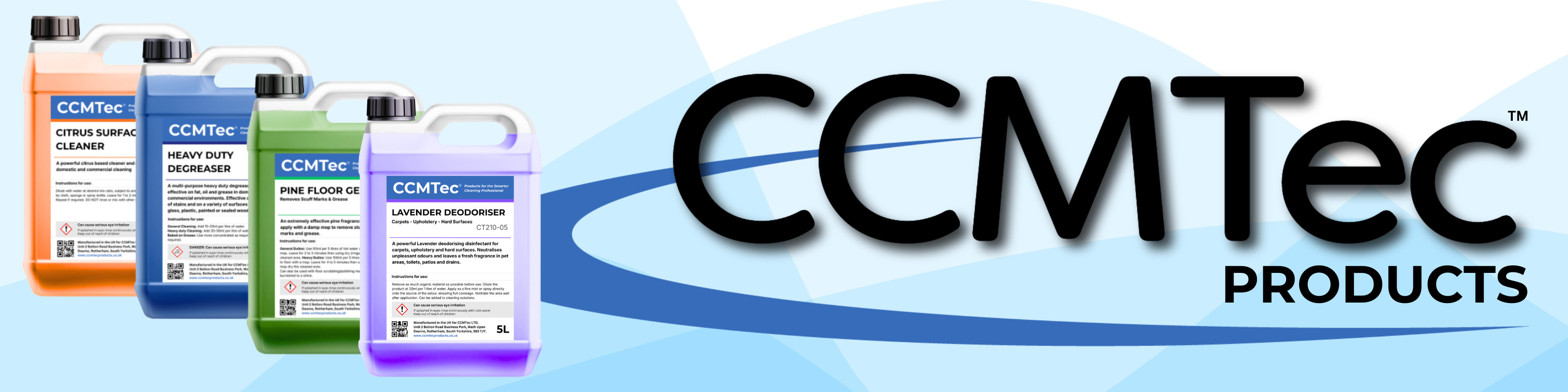 CCMtec Products logo banner with four cleaning solution bottles in orange, blue, green, and purple on the left, and large black 'CCMtec' text with 'PRODUCTS' on the right over a light blue background.